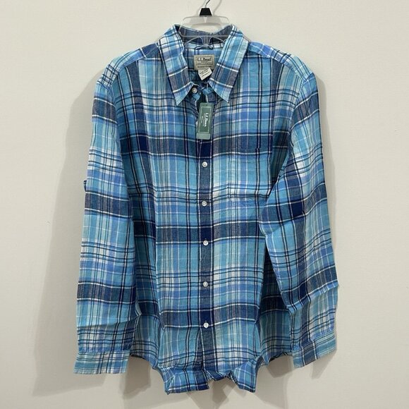 LL Bean Shirt Mens Large Blue Plaid Button Up Slightly Fitted Linen Regular Fit - Picture 1 of 10